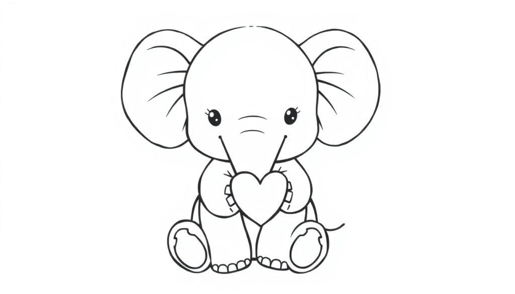 Een schattige babyolifant houdt een hartje vast, zwart-wit en geschikt als kleurplaat.