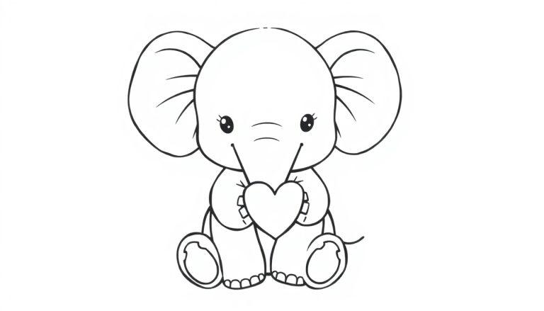Een schattige babyolifant houdt een hartje vast, zwart-wit en geschikt als kleurplaat.