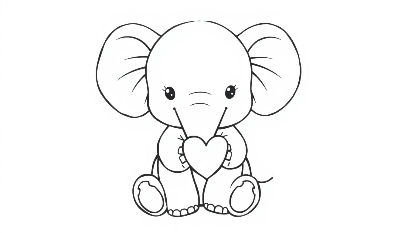 Een schattige babyolifant houdt een hartje vast, zwart-wit en geschikt als kleurplaat.