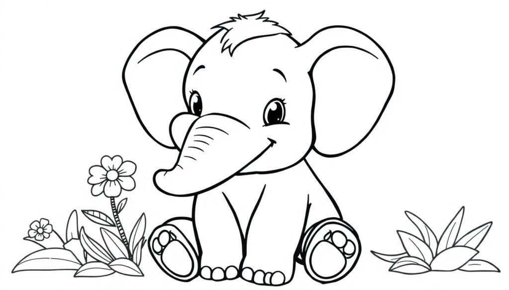 Schattige babyolifant in zwart-wit als kleurplaat met bloemen en bladeren.