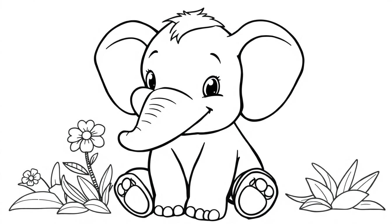 Schattige babyolifant in zwart-wit als kleurplaat met bloemen en bladeren.