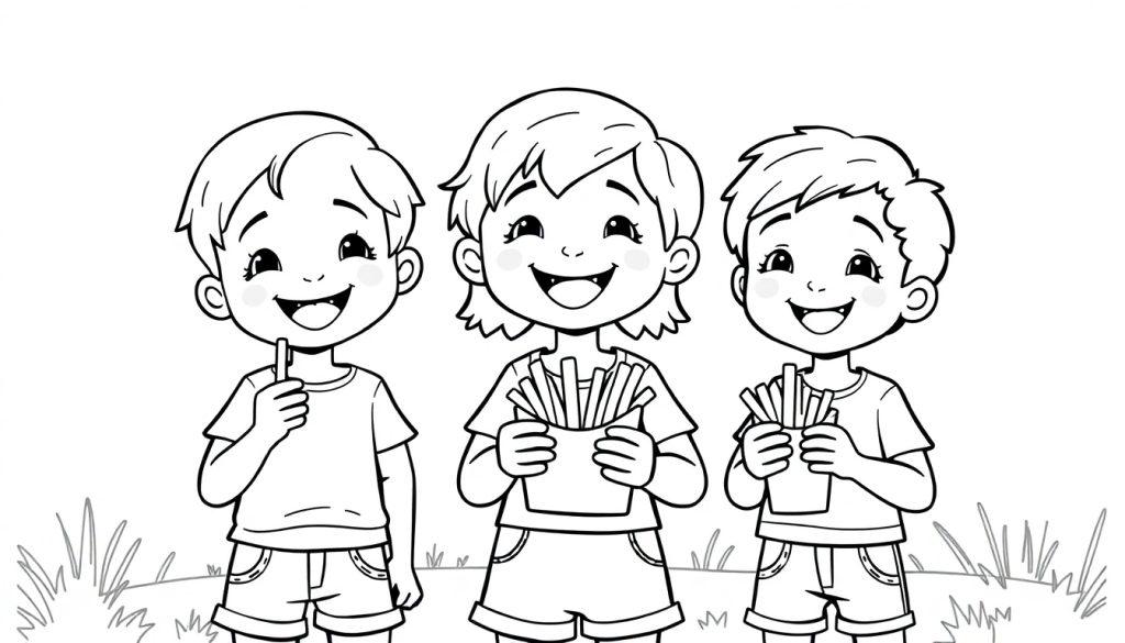 Zwart-wit kleurplaat van drie lachende kinderen die frietjes eten.