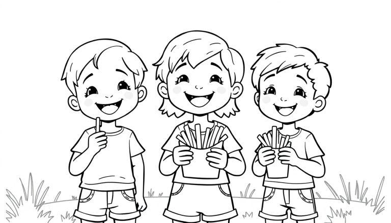 Zwart-wit kleurplaat van drie lachende kinderen die frietjes eten.