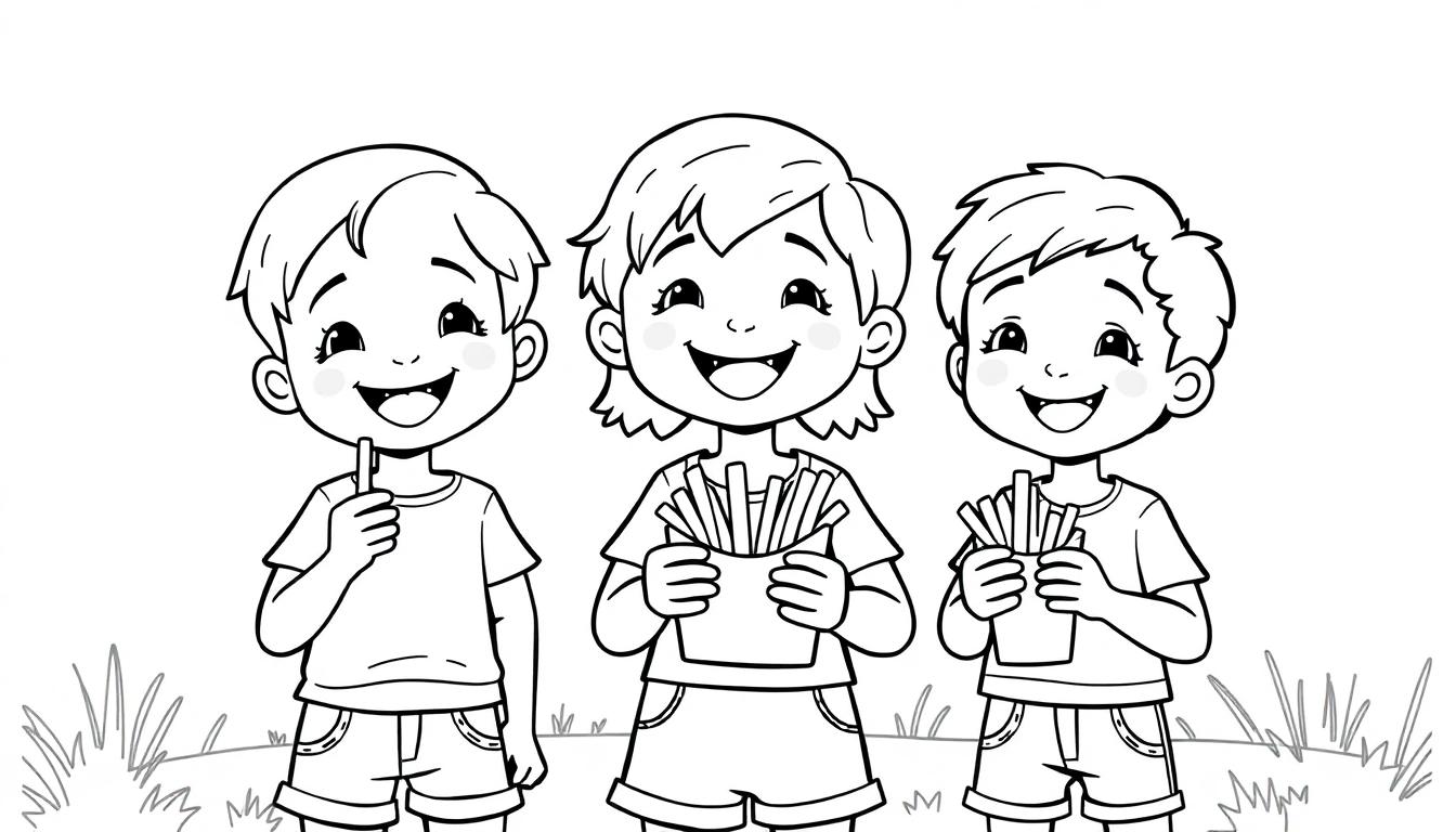 Zwart-wit kleurplaat van drie lachende kinderen die frietjes eten.