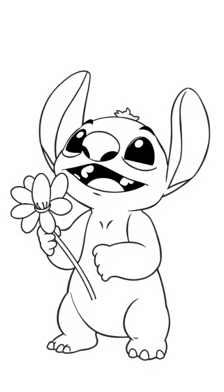 Een zwart-witte kleurplaat van een vrolijke cartoonfiguur, vergelijkbaar met Stitch, met grote oren en een brede glimlach, die een bloem vastheeft.