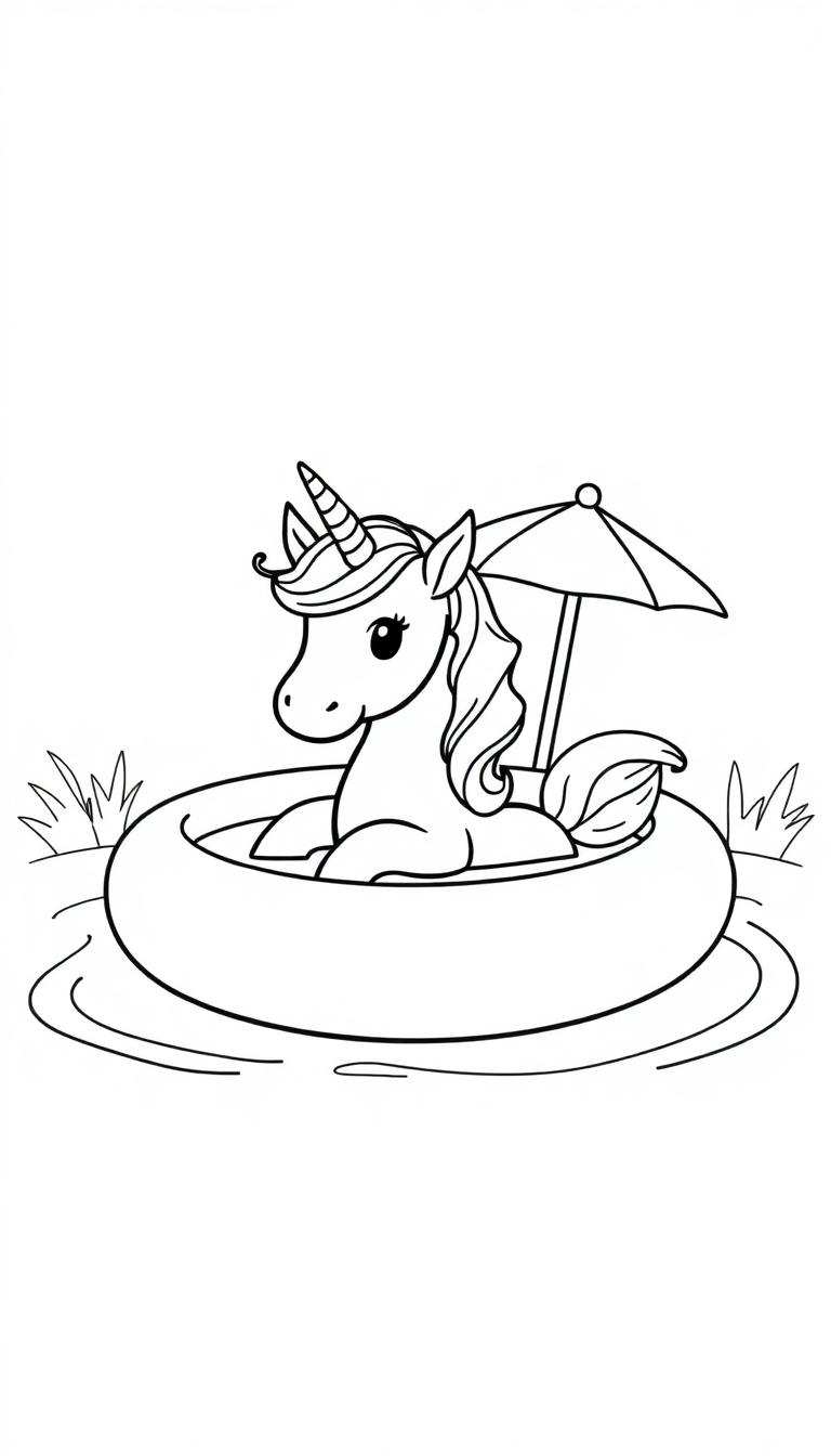 Kleurplaat van een vrolijke eenhoorn in een zwemband met een parasol en planten op de achtergrond.