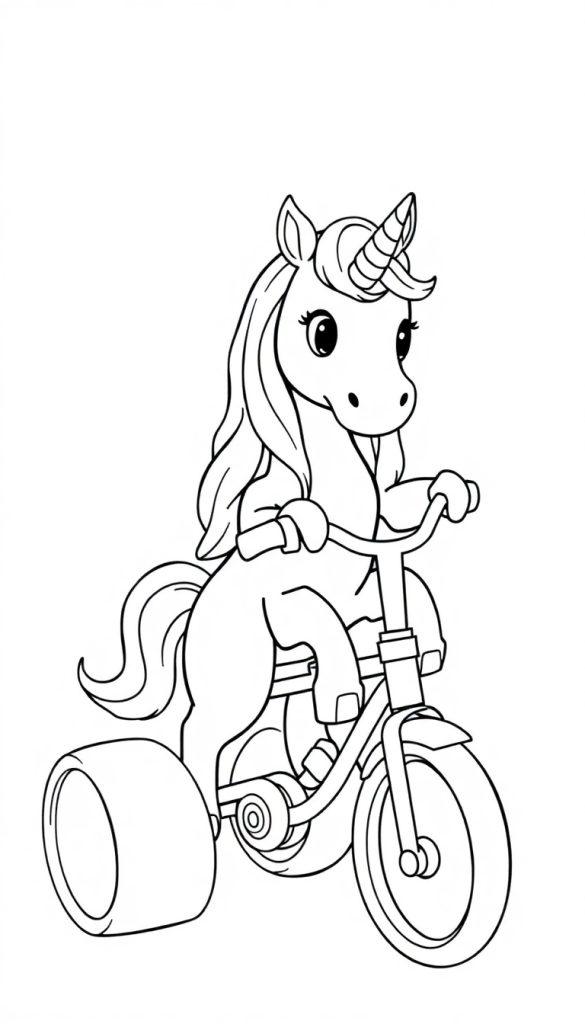 Kleurplaat van een eenhoorn op een driewieler met lange manen en een vrolijk gezicht.