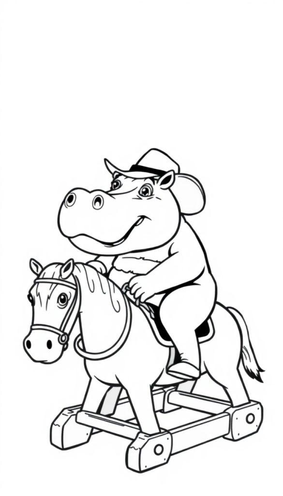 Kleurplaat van een vrolijk nijlpaard met cowboyhoed op een houten schommelpaard.