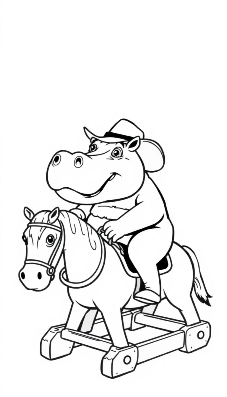 Kleurplaat van een vrolijk nijlpaard met cowboyhoed op een houten schommelpaard.