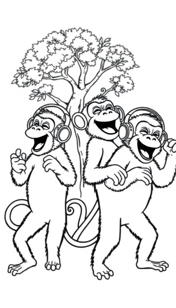 Drie vrolijke aapjes met koptelefoons die dansen bij een boom. Een leuke kleurplaat voor kinderen.