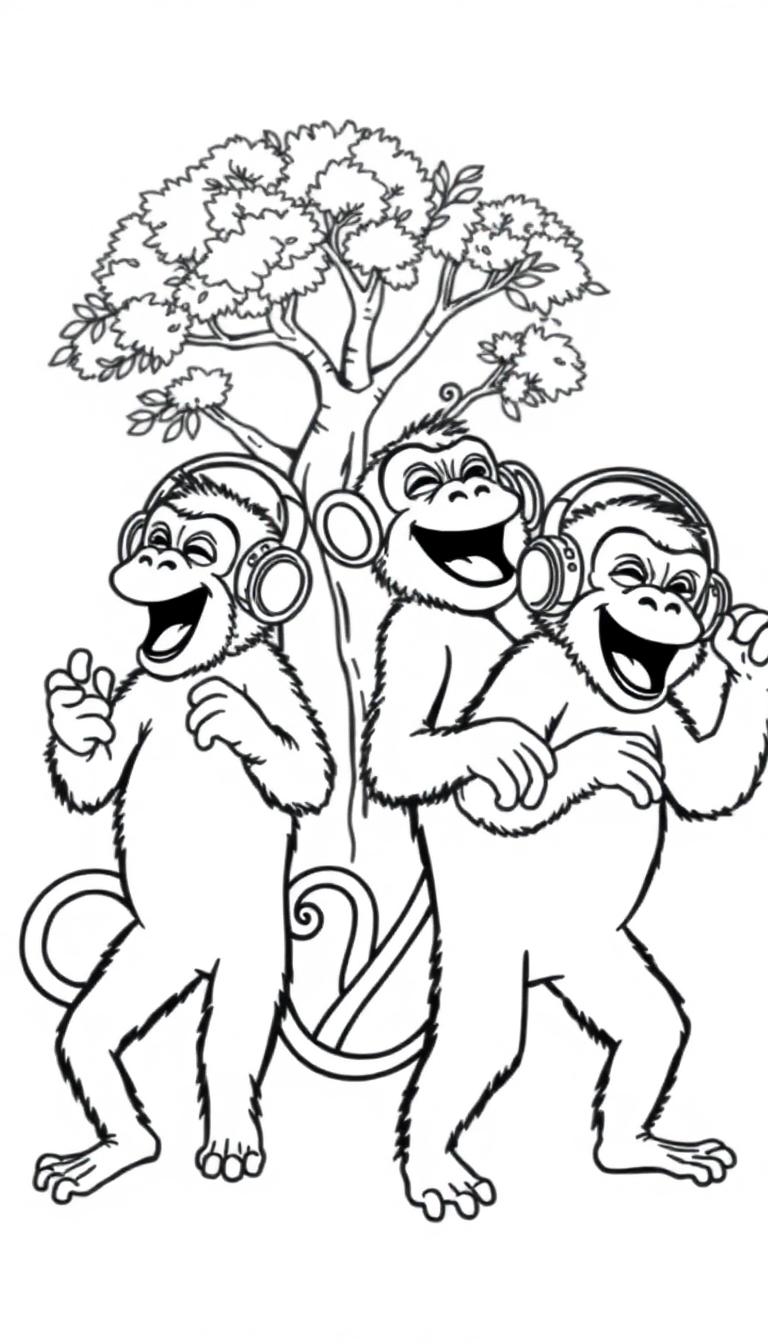 Drie vrolijke aapjes met koptelefoons die dansen bij een boom. Een leuke kleurplaat voor kinderen.