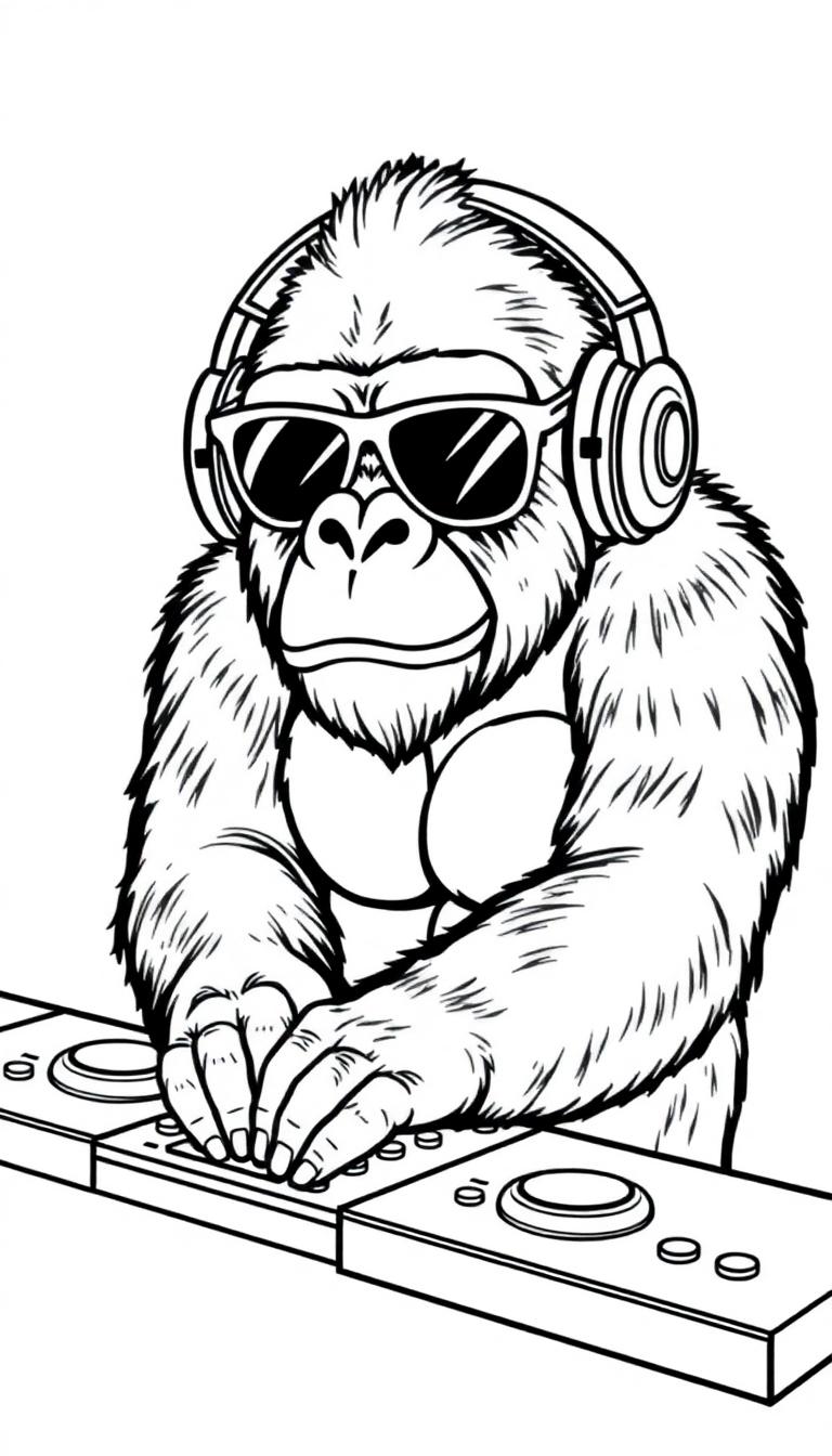 Lachende gorilla met koptelefoon en zonnebril die DJ speelt op een draaitafel, zwart-wit kleurplaat.