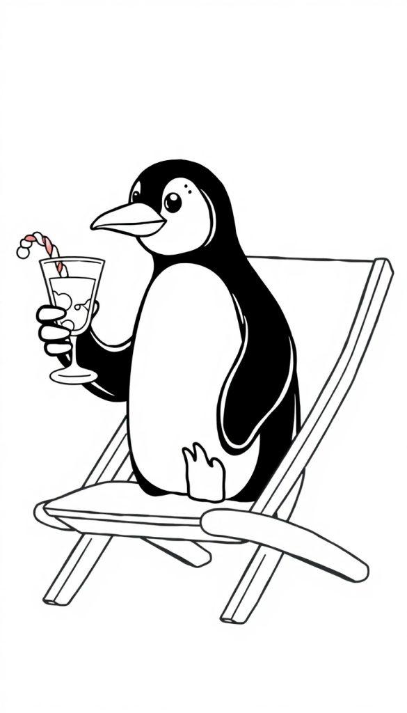 Kleurplaat van een relaxte pinguïn die op een ligstoel zit met een glas drinken met een rietje dat eruitziet als een zuurstok.