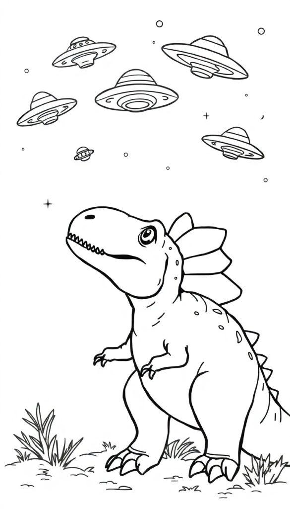Een vrolijke cartoon dinosaurus kijkt naar de lucht waar vliegende schotels (UFO's) zweven. Een buitenaards thema met gras en planten op de grond. Zwarte lijntekening geschikt als kleurplaat.