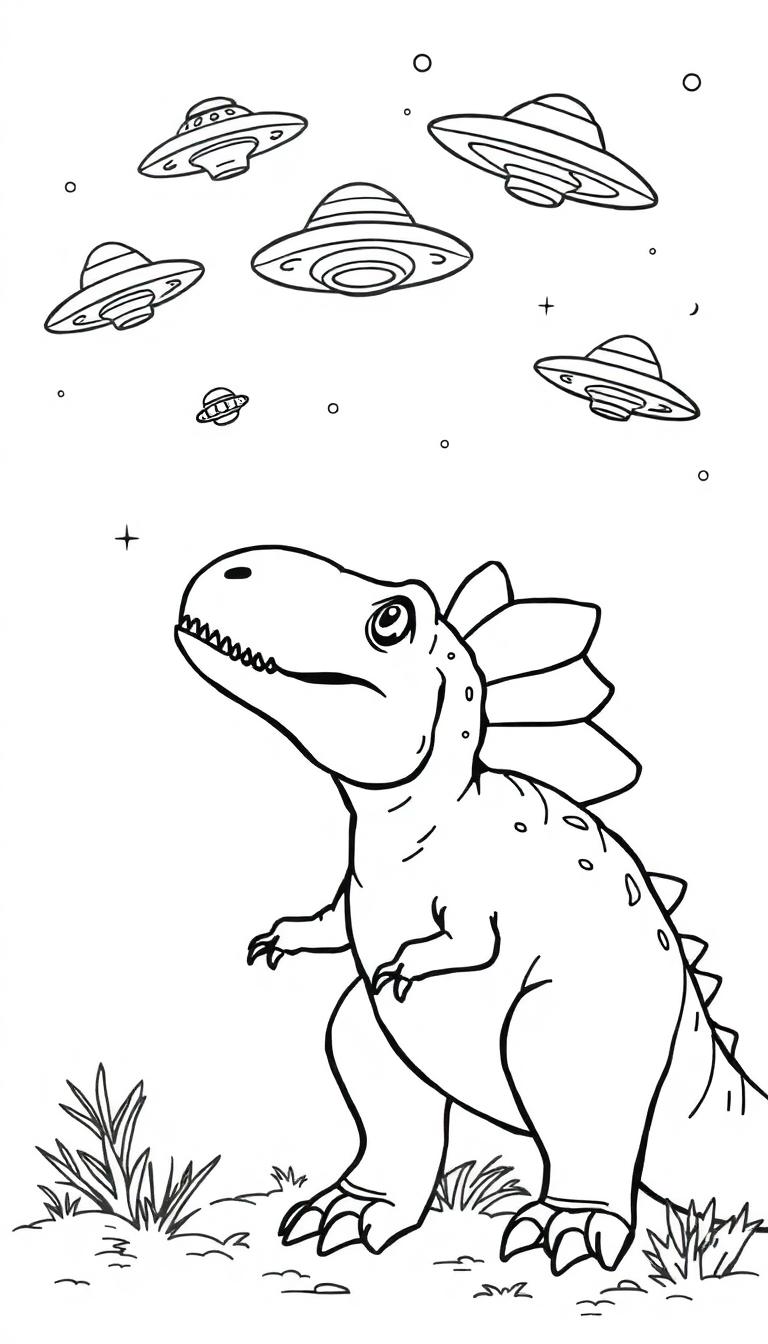 Een vrolijke cartoon dinosaurus kijkt naar de lucht waar vliegende schotels (UFO's) zweven. Een buitenaards thema met gras en planten op de grond. Zwarte lijntekening geschikt als kleurplaat.