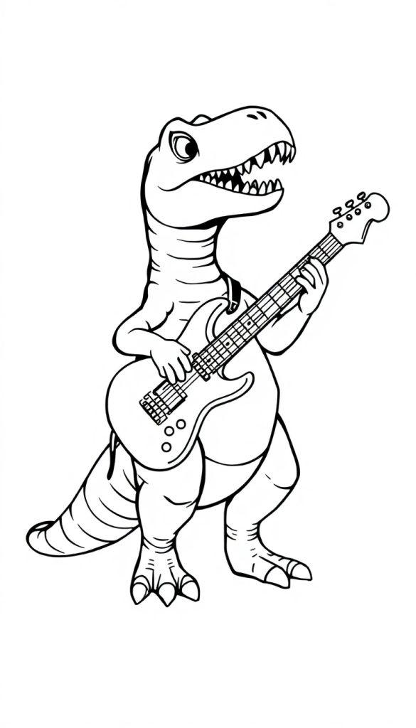 Kleurplaat van een Tyrannosaurus rex die een elektrische gitaar bespeelt.