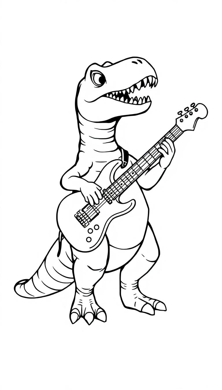 Kleurplaat van een Tyrannosaurus rex die een elektrische gitaar bespeelt.