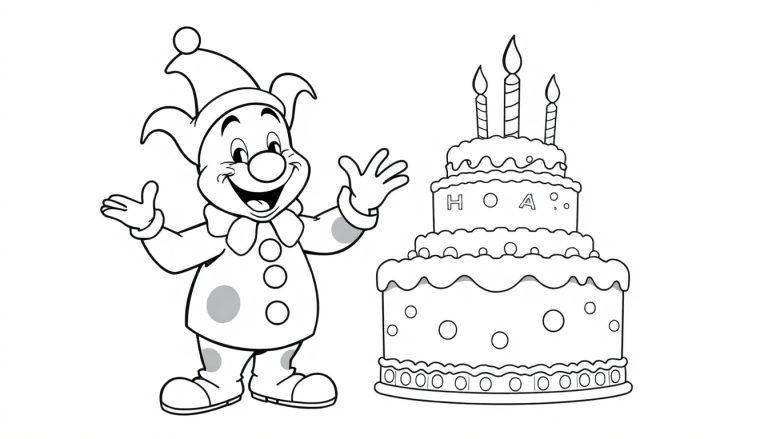Een vrolijke clown zwaait naast een grote taart met kaarsjes in een kleurplaat.