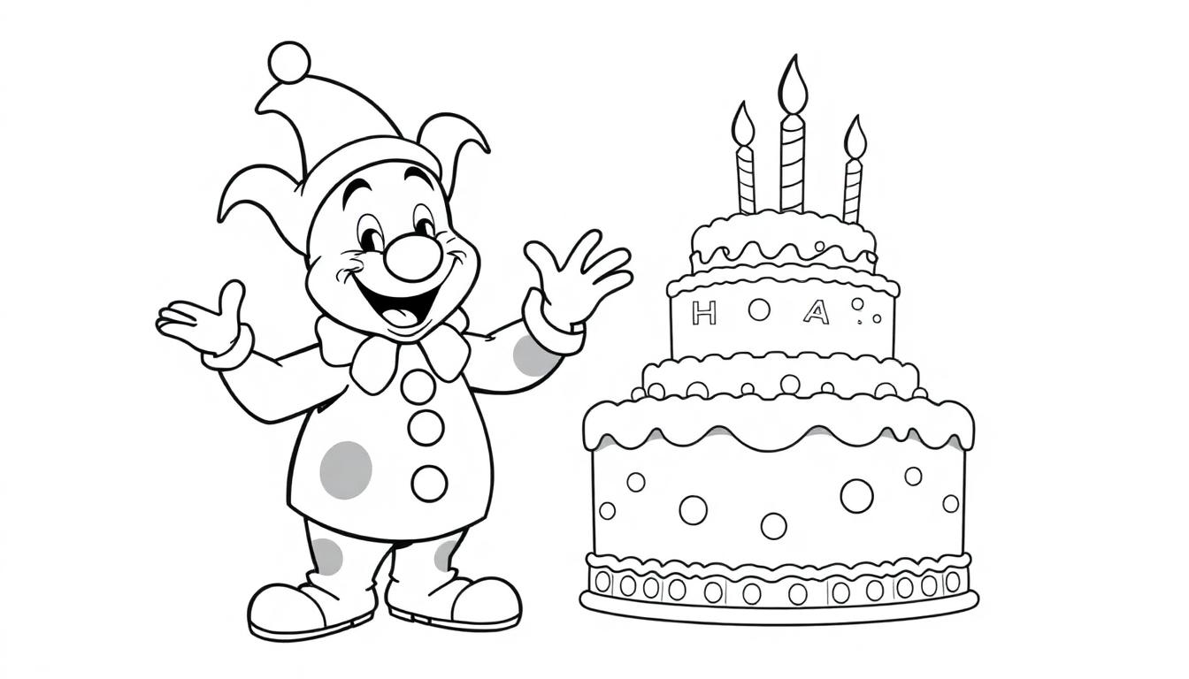 Een vrolijke clown zwaait naast een grote taart met kaarsjes in een kleurplaat.
