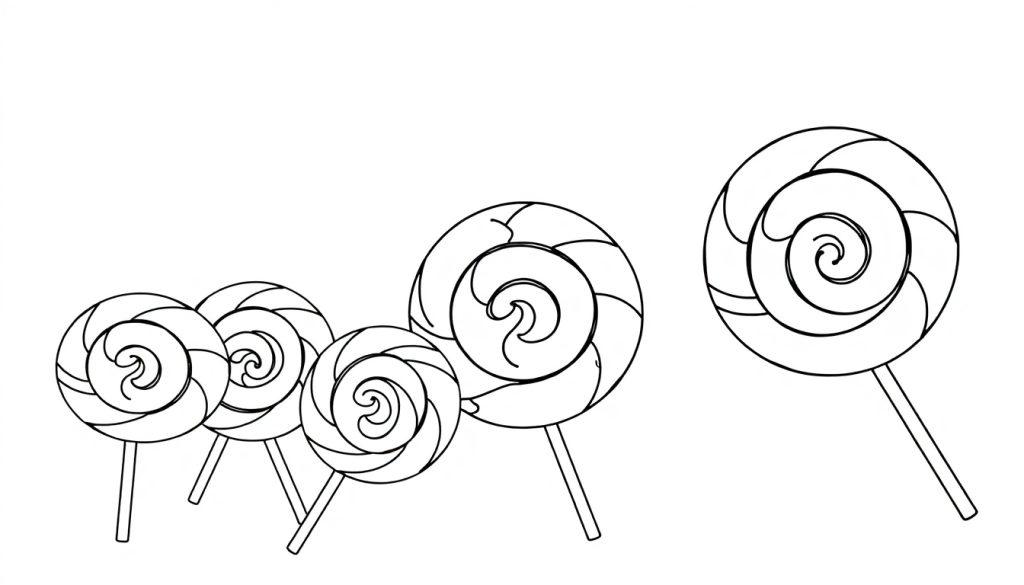 Kleurplaat van lolly's met spiraalpatroon, variërend in grootte.
