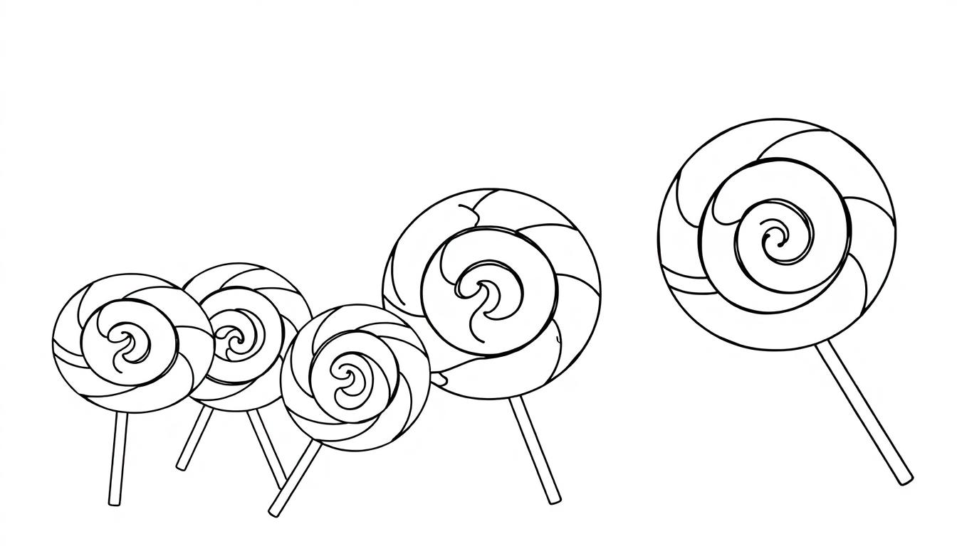 Kleurplaat van lolly's met spiraalpatroon, variërend in grootte.