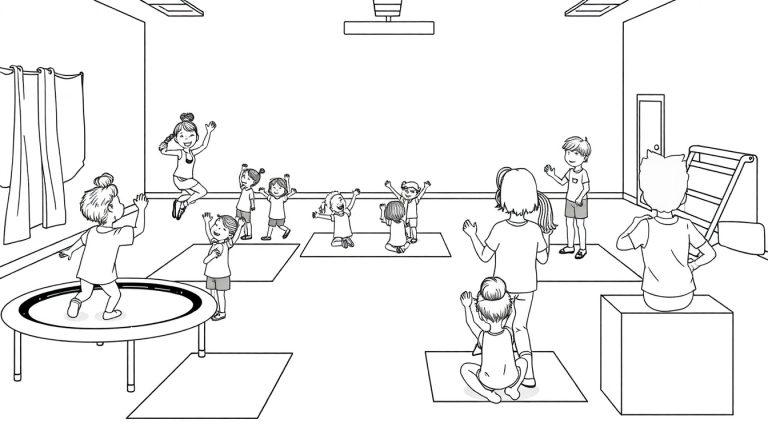 Kleurplaat van kinderen die sporten in een gymzaal met een trampoline, matten en een leraar die begeleidt.