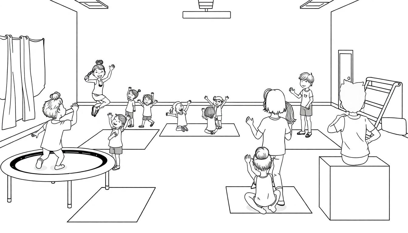 Kleurplaat van kinderen die sporten in een gymzaal met een trampoline, matten en een leraar die begeleidt.