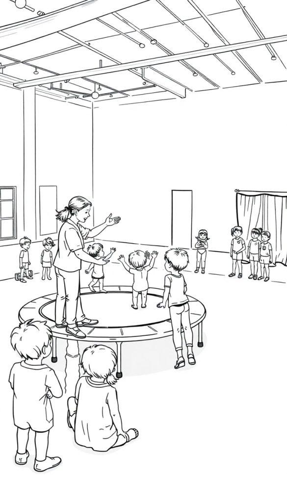 Een groep kinderen in een gymzaal met een trampoline en een begeleider.