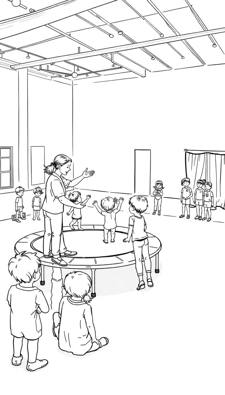 Een groep kinderen in een gymzaal met een trampoline en een begeleider.