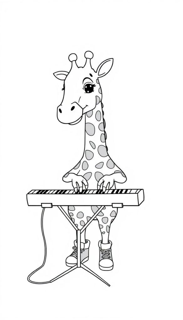 Kleurplaat van een vrolijke giraf die keyboard speelt en sneakers draagt.