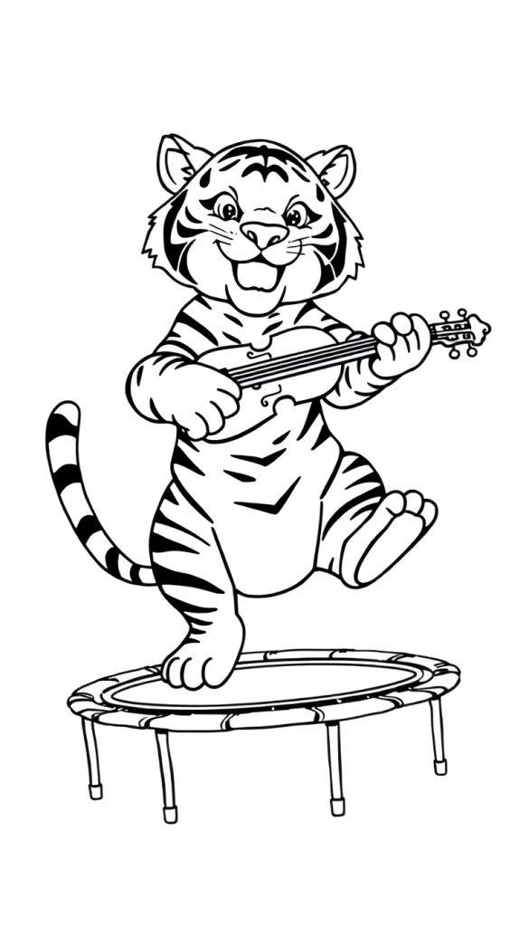 Kleurplaat van een tijger die springend op een trampoline een ukelele speelt.