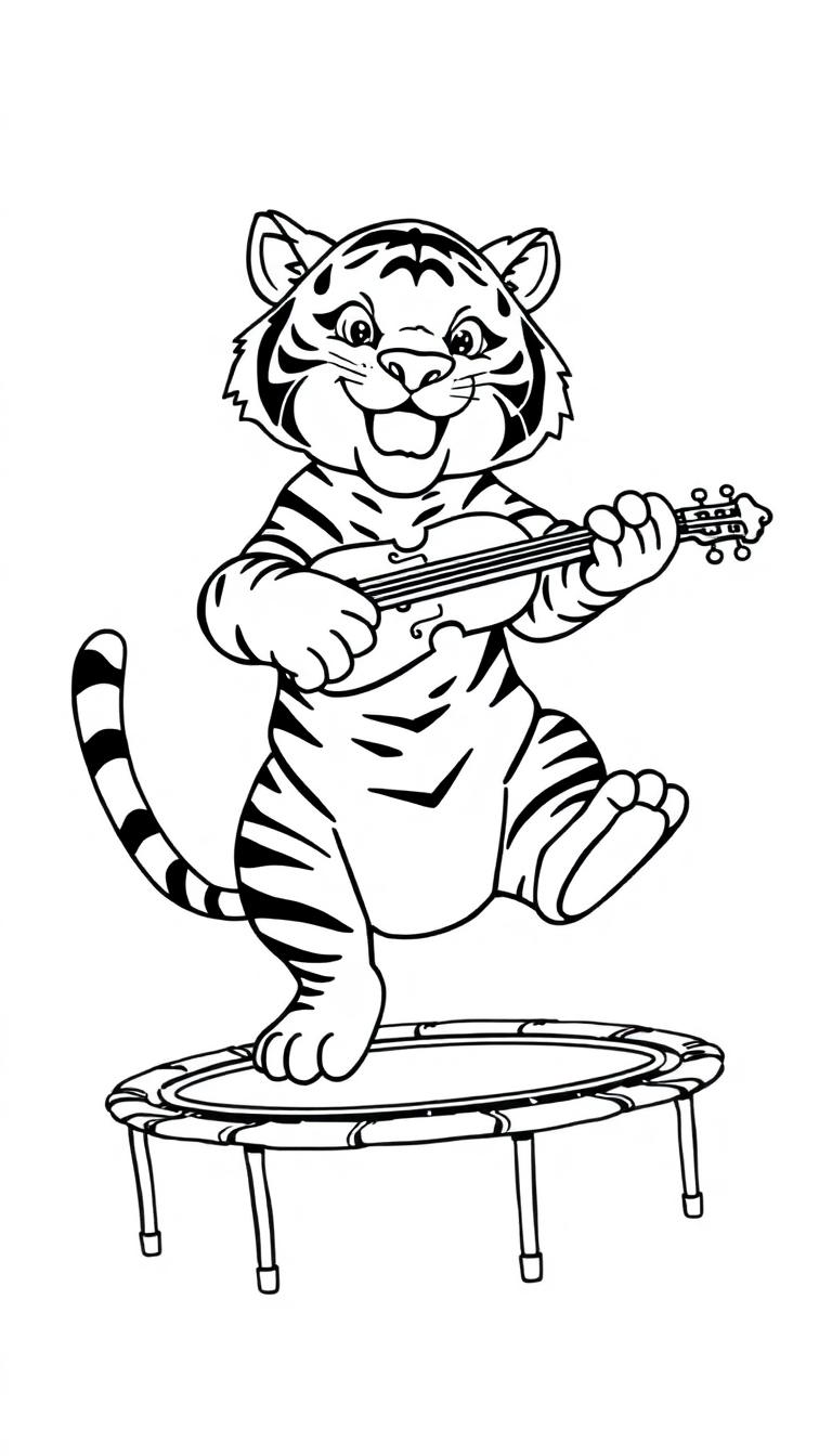 Kleurplaat van een tijger die springend op een trampoline een ukelele speelt.