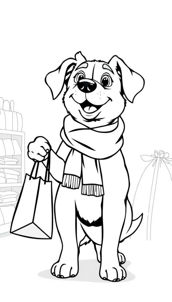 Kleurplaat van een vrolijke hond met een sjaaltje, een boodschappentas en een achtergrond van kleding en cadeautjes.