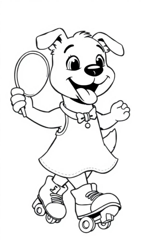 Een kleurplaat van een vrolijke hond op rolschaatsen met een jurkje aan en een spiegeltje in zijn poot.