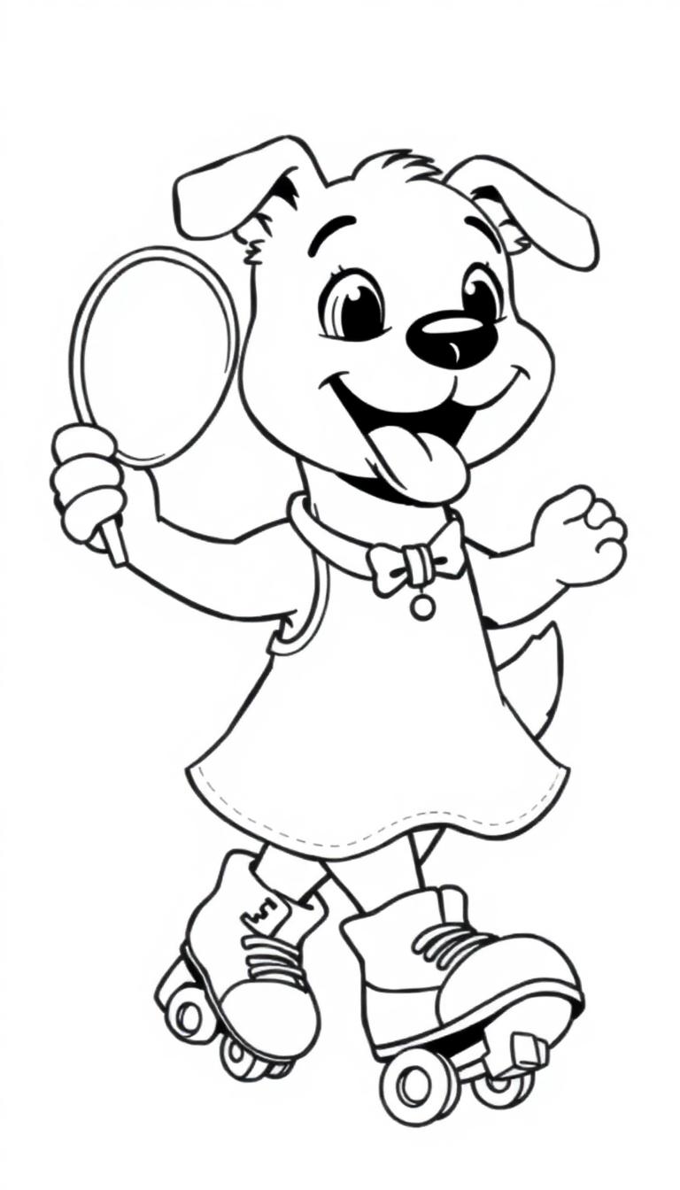 Een kleurplaat van een vrolijke hond op rolschaatsen met een jurkje aan en een spiegeltje in zijn poot.
