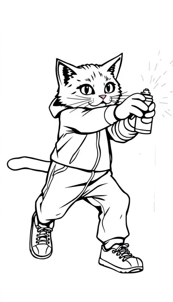 Kleurplaat van een stoere kat in joggingoutfit die graffiti spuit.
