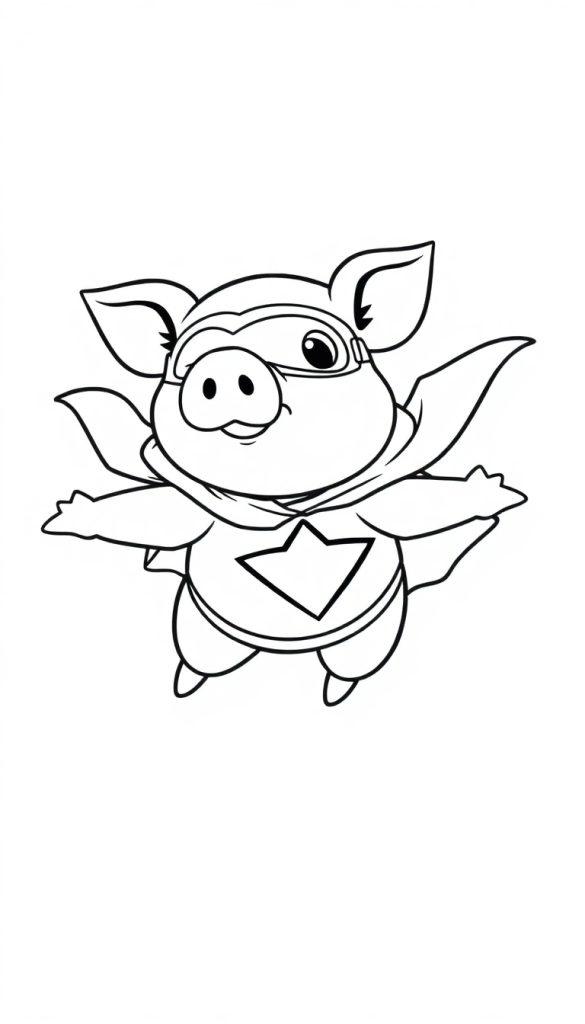 Kleurplaat van een vrolijk superhelden-varkentje dat vliegt met een cape en superheldenoutfit.