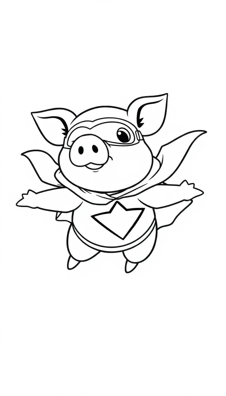 Kleurplaat van een vrolijk superhelden-varkentje dat vliegt met een cape en superheldenoutfit.