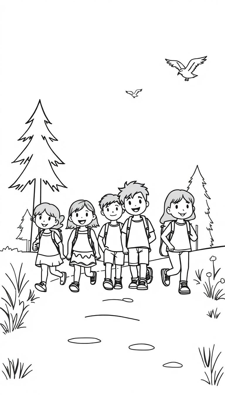 Zwart-wit tekening van vijf lachende kinderen met rugzakken die hand in hand lopen op een pad in de natuur, omgeven door bomen en gras. Twee vogels vliegen in de lucht.