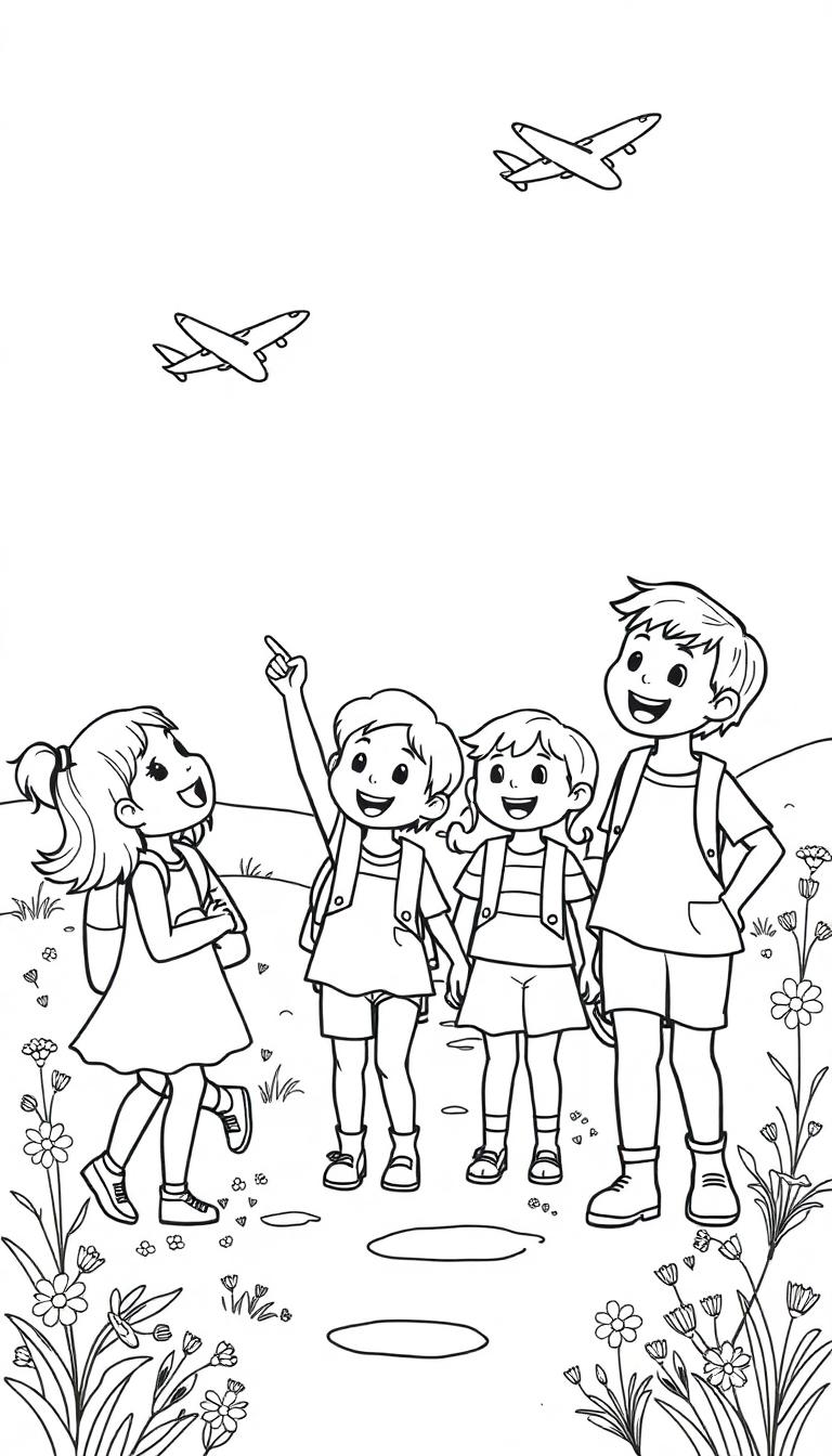 Kleurplaat van vier lachende kinderen die wandelen tussen bloemen en gras, met vliegtuigen in de lucht.