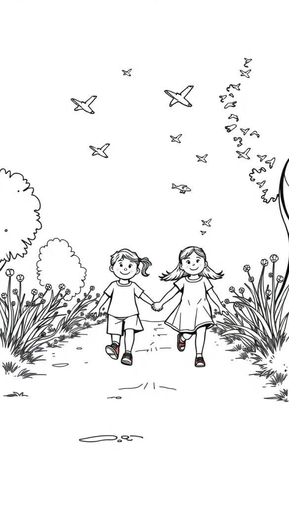 Kleurplaat van twee lachende kinderen die hand in hand wandelen op een pad met bloemen en gras, terwijl vogels en vliegtuigen in de lucht vliegen.