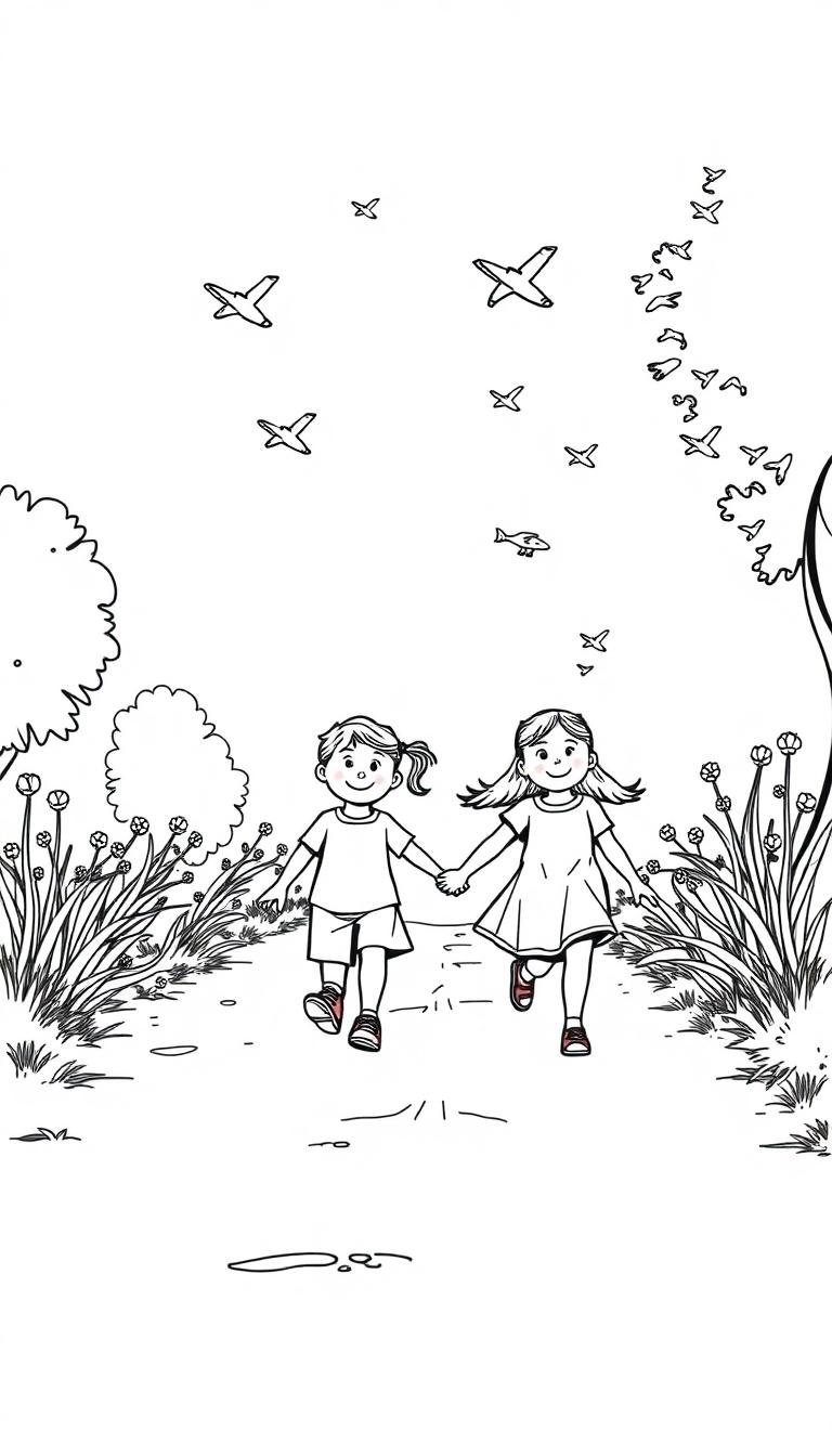 Kleurplaat van twee lachende kinderen die hand in hand wandelen op een pad met bloemen en gras, terwijl vogels en vliegtuigen in de lucht vliegen.