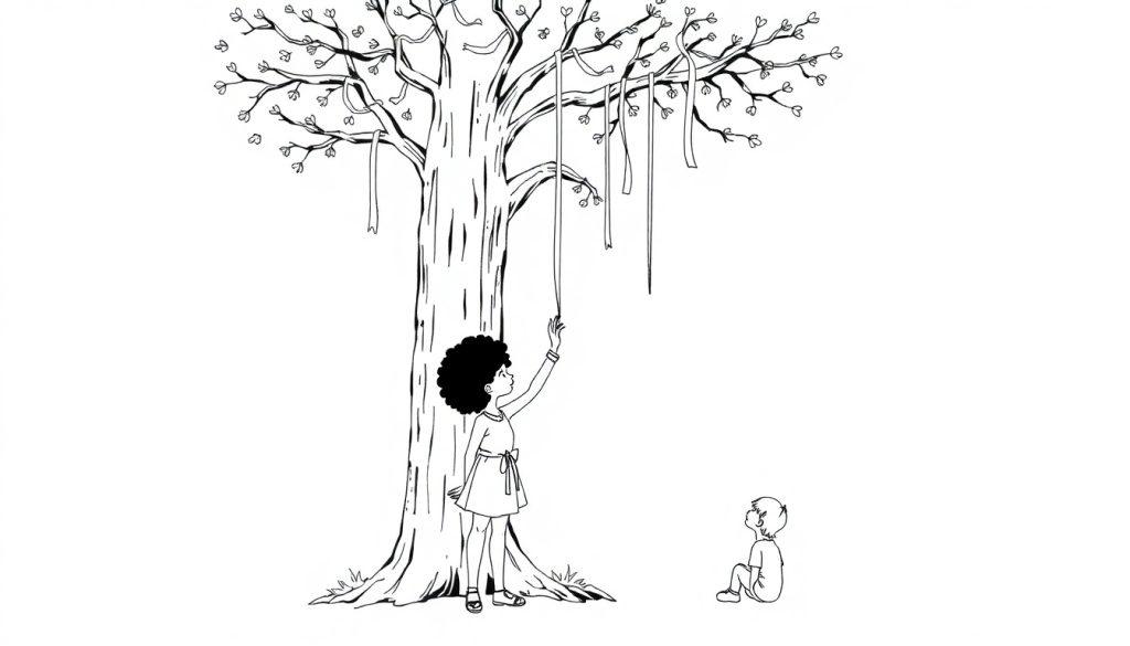 Kleurplaat van een kale boom met linten, een kind dat omhoog reikt en een ander kind dat op de grond zit.