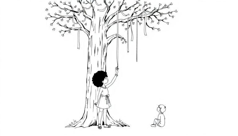 Kleurplaat van een kale boom met linten, een kind dat omhoog reikt en een ander kind dat op de grond zit.