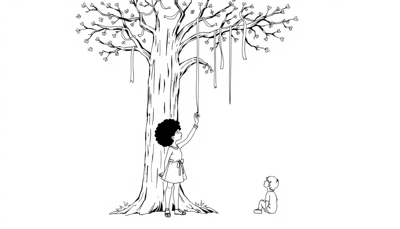 Kleurplaat van een kale boom met linten, een kind dat omhoog reikt en een ander kind dat op de grond zit.