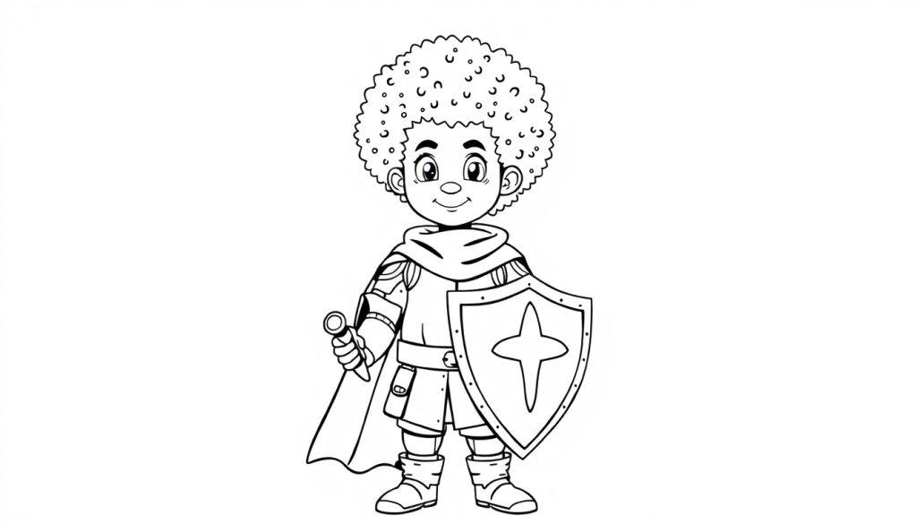 Zwart-wit tekening van een lachend kind in ridderuitrusting met een krullend kapsel, zwaaiend met een zwaard en een schild met een kruis.