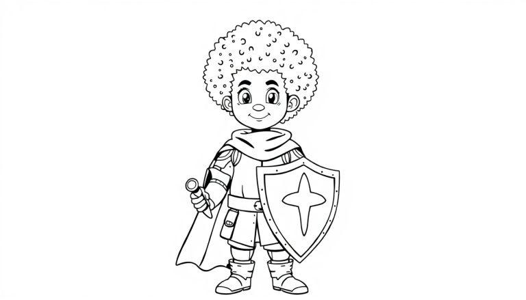 Zwart-wit tekening van een lachend kind in ridderuitrusting met een krullend kapsel, zwaaiend met een zwaard en een schild met een kruis.