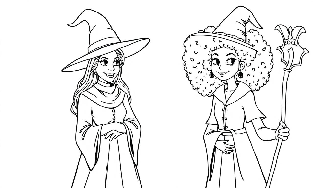 Kleurplaat van twee heksen: een moederheks en een tienerheks met afro, beiden met puntige hoeden en vrolijke gezichten.