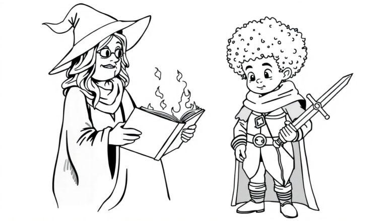 Zwart-wit kleurplaat van een magische moeder heks met een boek vol vuur en een jonge ridder met een zwaard en een cape.