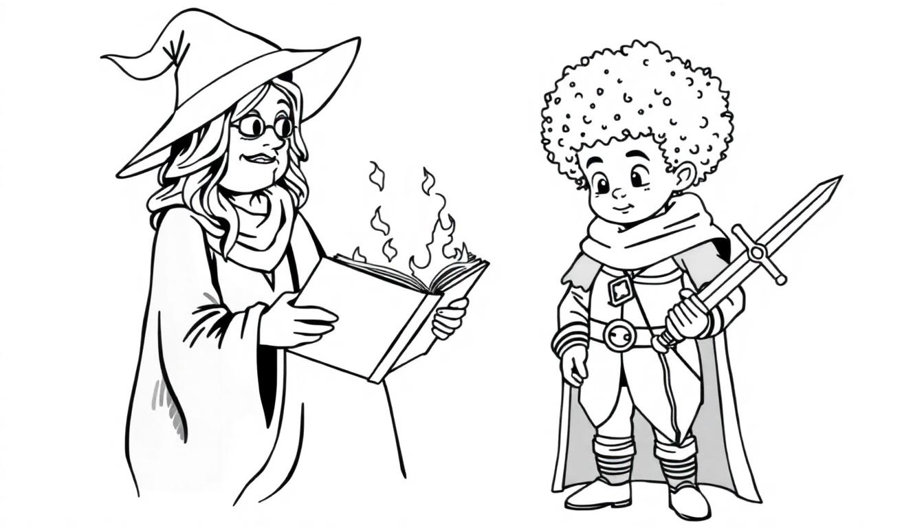 Zwart-wit kleurplaat van een magische moeder heks met een boek vol vuur en een jonge ridder met een zwaard en een cape.